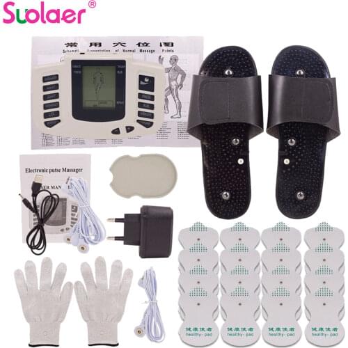 Russian/English Button Electrical Muscle Stimulator Slimming Massager Pulse Tens Acupuncture Machine + Slippers +16Pads + Gloves