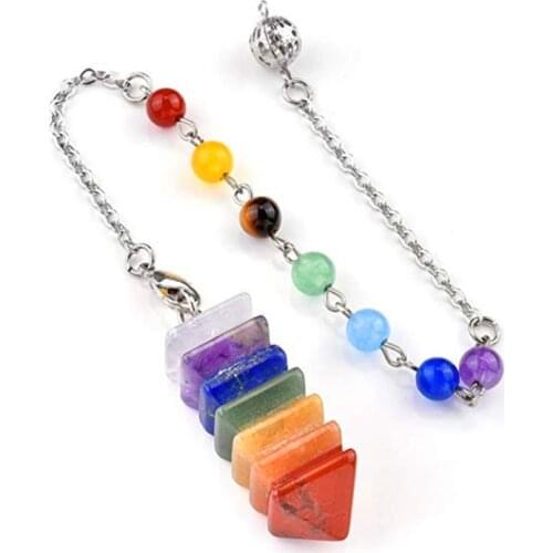 FYJS Unique Silver Plated Pyramid Layer 7 Colors Quartz Stone Pendulum for Scrying Pendant with Beads Chain Chakra Jewelry