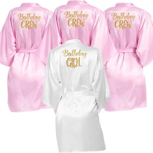 Personalized Kimono Robe Glitter Golden Print Birthday Girl&Birthday Crew Robe Women Silky Satin Bathrobe Dress Sleepwear