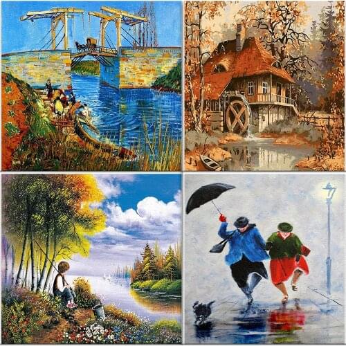 Oil Paintings By Numbers Boy And Old Couple In The Rain Landscape Painting On Canvas Art Supplies For Home Decor Unique Gifts