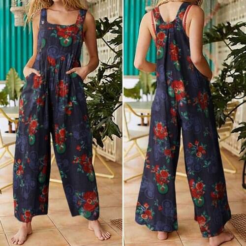 Women Fashion Sleeveless Straps Wide Leg Pants Sexy Printed Rompers Summer Jumpsuits Casual Long Overalls Vintage Suspenders