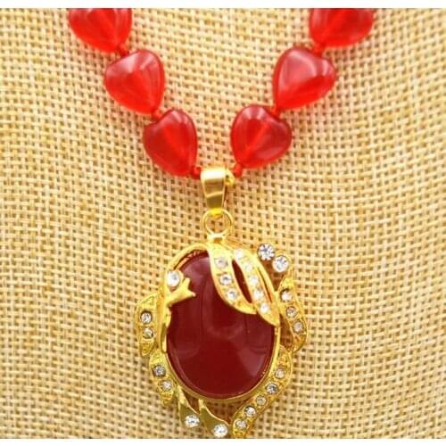 Beautiful red ruby 12 mm heart-shaped & 18x25mm oval pendant necklace 18 "