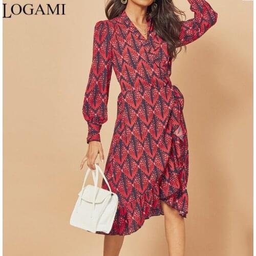 LOGAMI V Neck Print Ruffles Beach Dresses Women Long Sleeve Spring Dress Woman Party Dress