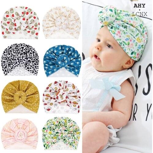 Baby Boy Girl Turban Cotton Beanie Hat Kids Spring Autumn Cap Flower Print Donut Bonnet Cap Soft Headwear Hair Accessories