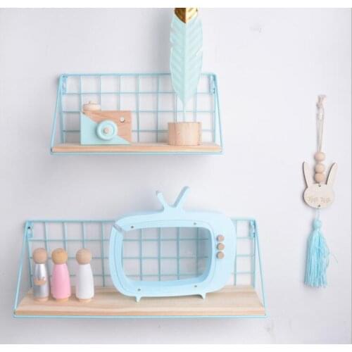 Blue Metal Wall Rack Iron Flower Vase Holder Multi-use Wooden Wall Sundries Holder Wall Shelf Storage Basket Magazine Holder
