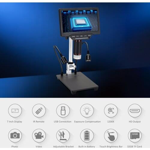 7-inch LCD Screen Video Microscope with 32GB TF Card 1200X Microscope and Telescope 1080P with IR Remote Adjustable Metal Stand