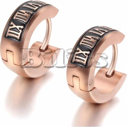 Vintage Women Mens Stainless Steel Small Hoop huggie Earrings with Roman Numerals Rose Gold Color 12mm Wholesale Jewelry