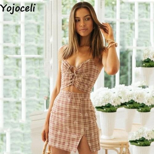 Yojoceli Elegant ruched plaid floral dress 2 piece set Women summer strap short dress Casual vintage fitness sleeveless dress