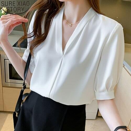 2021 Summer White Blouse Woman New Short-sleeved Satin Shirt Korean Loose V-neck Temperament French Style Fashion Clothes 14344