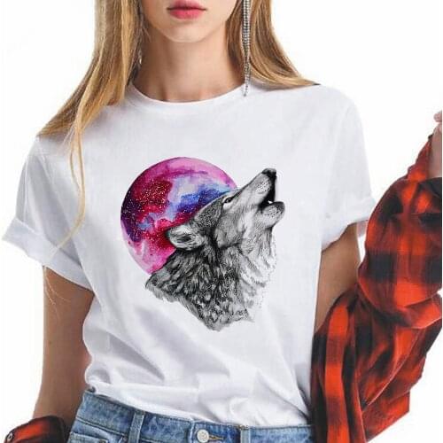 2021 Wolf New T-shirt Women White Vetement Feminino Short Sleeve Howling Wolf Printed T Shirt Beautiful Vogue O-Neck Tshirt