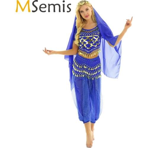 MSemis Women Belly Dance Bollywood India Dance Costume 1001 Arabian Nights Indian Jewelry Fancy Lantern Top Pant Hip Head Scarf