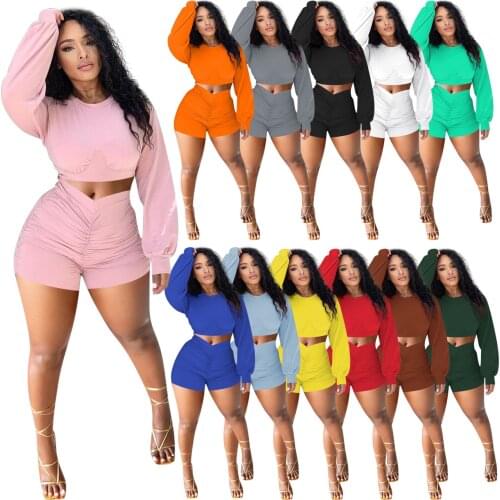 Sexy Pleated Long Sleeve Tracksuit Women Autumn Winter Sportwear Sexy Crop Top + Mini Shorts Casual Matching Sets 2021 Outfits