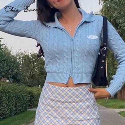 Knitted Womens Long Sleeve Cropped Cardigan 2021 Autumn Turn-down Collar Zippers Slim Sweaters Ladies Fashion Office Knitwear