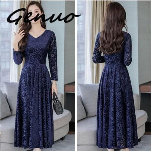 Women Slim Waist Plus Size 3XL A-Line Dress 2019 High Quality Print Mom Long Dress And Ladies Fashion Velet Wrist Sleeve Dress