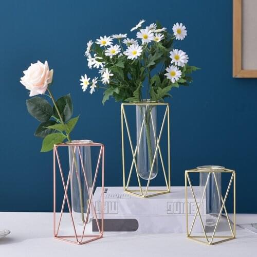 1Pc Modern Geometric Iron Glass Vase Hollow Out Flower Arrangement Hydroponic Pot Home Decor
