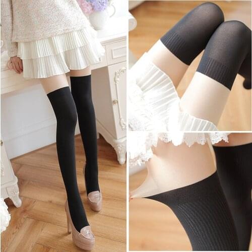 80D Japanese Harajuku Spring Autumn Stitching Fake High Tube Women Pantyhose Velvet Thigh Anti Hook Silk Bottom Tights White