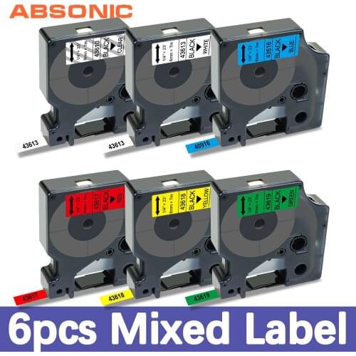 Absonic 6PK Compatible Dymo D1 Label 43610 43613 43616 43617 43618 43619 6mm Tape Mixed Color for Dymo Label Maker LM160 LM280