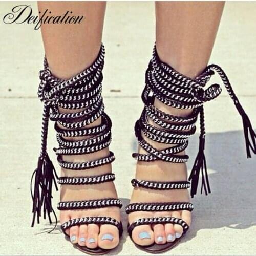Deification Fashion Lace-Up Gladiator Sandals Sexy Metal Chains Cut Out Strappy Stiletto High Heels Women Party Wedding Shoes