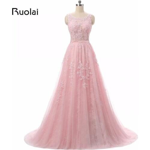 2019 Real Picture Tulle Lace Scoop A-Line Long Evening Dress Appliqued Beads Prom Dress Pink Formal Party Dress ASAE79