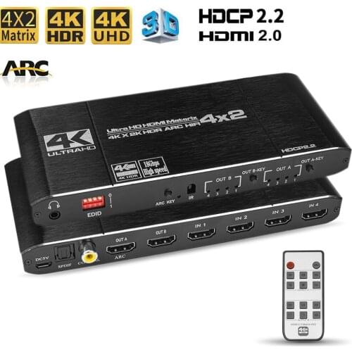 HDMI 2.0 Matrix 4X2 Digital toslink out UHD 4KX2K/60HZ HDMI 2.0 Matrix Switcher splitter 4 in 2 out HDR HDCP EDID 2.2 3D&1080P