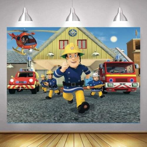 Customized Fireman Sam Photo Backdrop Boys Happy Birthday Party Fire Truck Decoration Kids Photography Backgrounds Banner