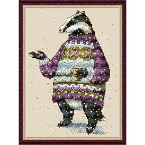 Badger in sweater cross stitch kit aida 14ct 11ct count print canvas cross stitches needlework embroidery DIY handmade