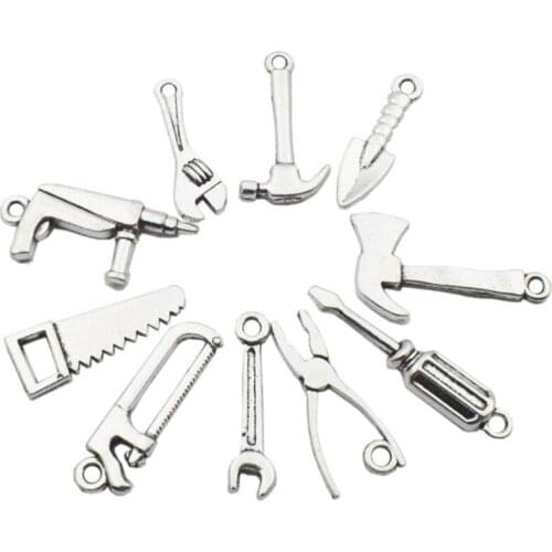 Random 30Pcs Mix Size 7- 10 Style Mini Simulation Screwdriver Wrench Axe Saw Tool Pendant Alloy Metal Charms Pendant For DIY