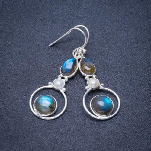 Natural Labradorite and River Pearl Handmade Unique 925 Sterling Silver Earrings 1.75" B2224