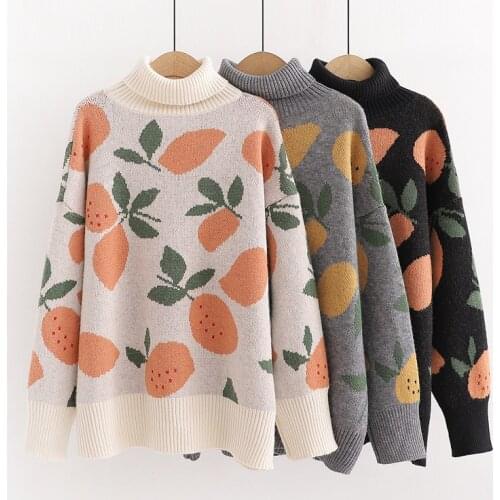2021 New Women Casual Sweaters Winter Warm Turtlecneck Sweet Jumpers Warm Pull Knitwear Oversized Sweater Fruit Sweate