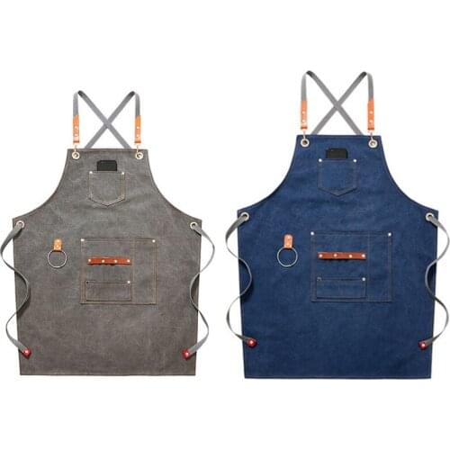New Canvas Bib Leather Chef Kitchen Apron Womens Mens Barista Bartender Pocket Household Apron