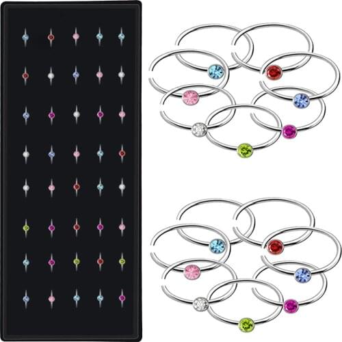 40pcs/box CBR Piercings Colorful Stainless Steel Nose Hoop Nose Ring Stud Crystal Body Piercing Labret Jewelry Punk Style