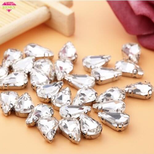 RESEN 8x13mm 30pcs/lot Crystal Teardrop Sew On Rhinestones D Claw Rhinestones Glass Sewing Sones DIY Clothing Accessories