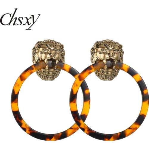 CHSXY Punk Cool Lion Head Metal Statement Earrings Round Circle Tortoiseshell Geometric Acrylic Resin Dangle Earrings Party Gift