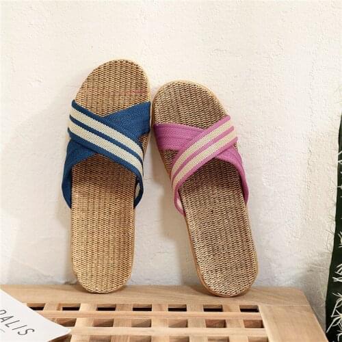 Summer Women/Man Flip Flops Couple Home Flax Thicken Slippers Ladies Open Toe Linen Shoes Fashion Cross Straps Casual Slides New