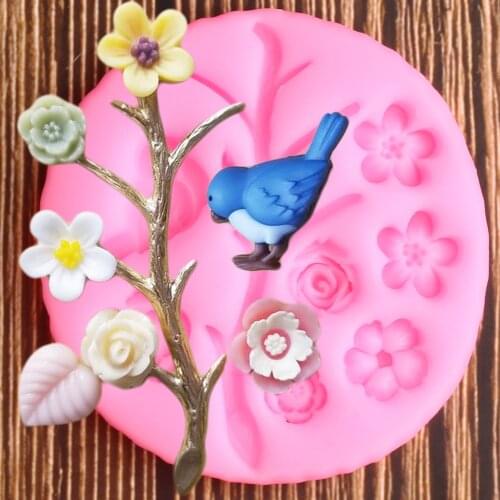 Bird Silicone Molds Flower Tree Branches Cupcake Topper Fondant Mold Cake Decorating Tools Chocolate Gumpaste Candy Clay Moulds