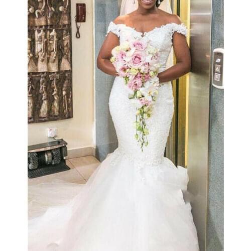 Off The Shoulder African Beach Wedding Dresses Mermaid Lace Tulle Bridal Gowns vestido de noiva 2020