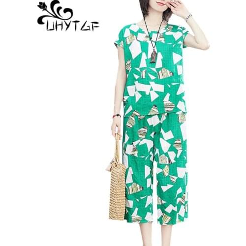UHYTGF casual womens sets fashion cotton linen printing summer two piece set wide-leg pants comfortable plus size tracksuit 1200