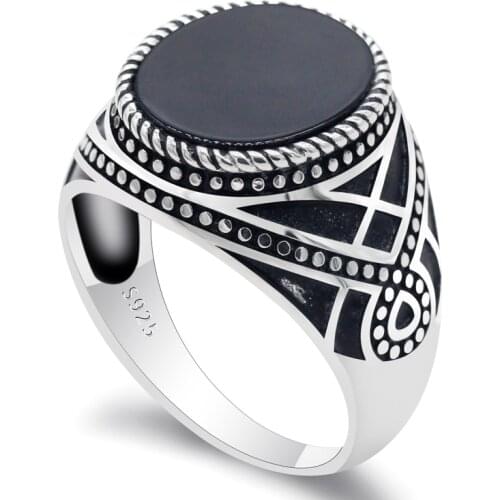Vintage 925 Sterling Silver Men Ring with Natural Black Onyx Stone Male Rings Life Crossing Design Turkish Handmade Fine Jewelry