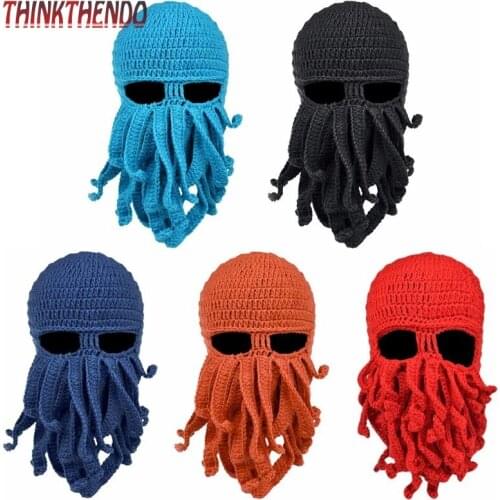 Men Women Creative Funny Tentacle Octopus Knitted Hat Long Beard Beanie Cap Balaclava Winter Warm Halloween Costume Cosplay Mask