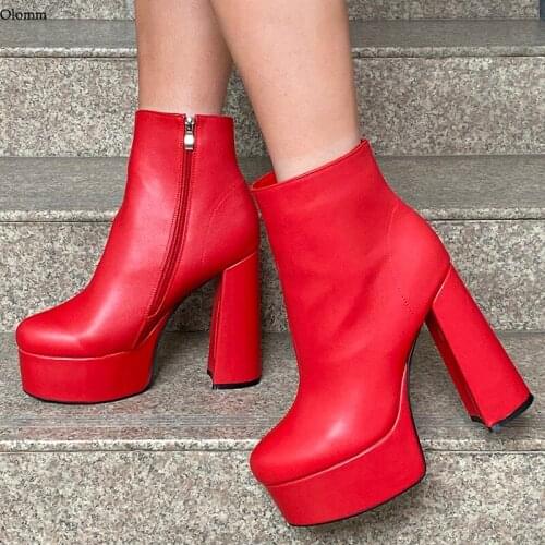 Olomm Women Winter Platform Ankle Boots Side Zipper Block Heels Round Toe Pretty Red Fuchsia Black Club Shoes Plus US Size 5-15