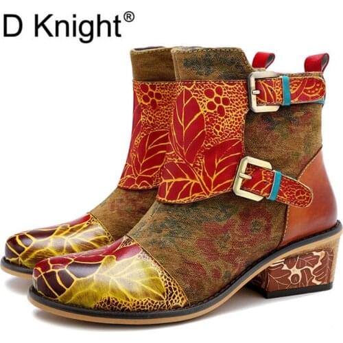 Retro Genuine Leather Women Chelsea Boots Splicing Metal Buckle Zipper Thick Heels Ankle Boots Elegant Shoes Women Botas Mujer