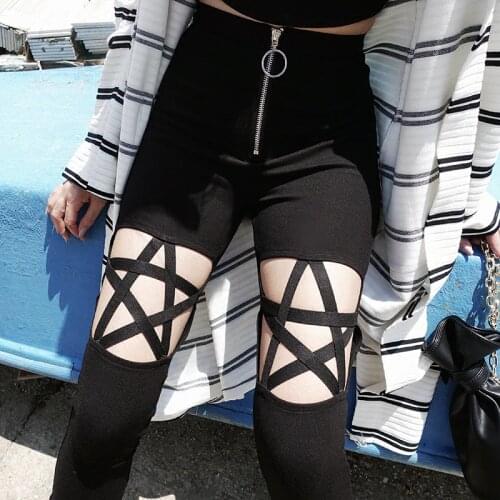 Fashion Punk Gothic Pant Women Leggings Hollow Out Five-Pointed Star Harajuku Pants Streetwear Black