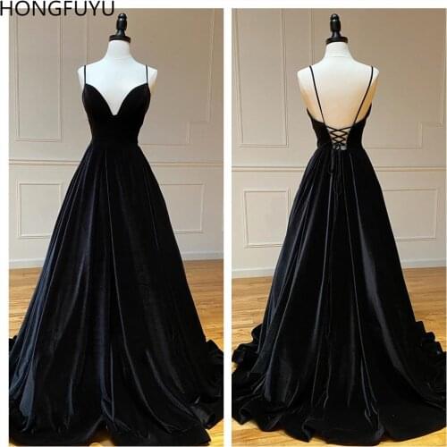 HONGFUYU Black Velvet Evening Party Gowns vestidos de fiesta de noche Sleeveless Lace-up Prom Formal Dresses Long robe de soiree