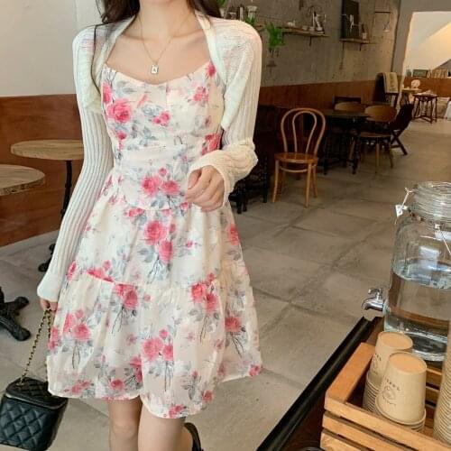 Summer Elegant Floral Strap Dress Women 2021 Design Patchwork Beach Sexy Mini Dress Chiffon Slim Casual Chic Party Sweet Dress