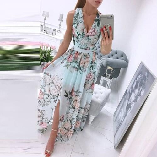 Summer Sexy Deep V-Neck Sleeveless Beach Dress Elegant Women Split Maxi Party Dress Vintage Floral Print Long Dresses Vestidos
