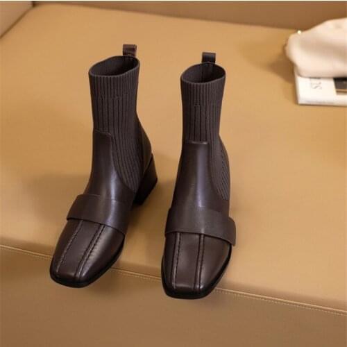 Winter Women Boots Cow Leather Splicing Wool Short Tube Slip-On Martin Boots Square Toe Low-heel Med (3cm-5cm) Item No.DY382