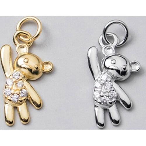 925 Sterling Silver Pretty AAA Zircon Paved Bear Charms Necklace Bracelet Decoration Silver Dangle Pendants DIY Jewelry Making