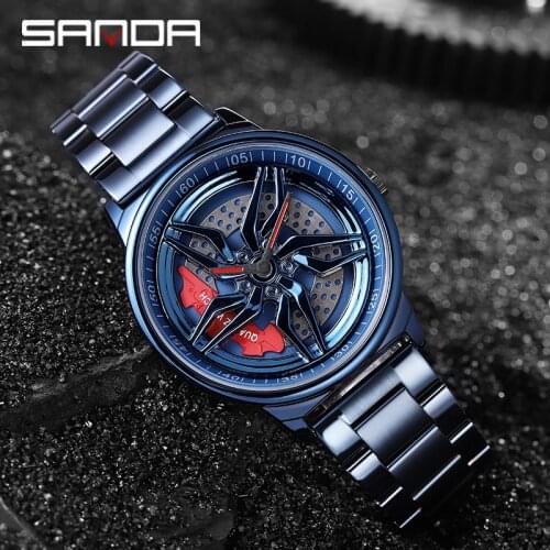 SANDA 2021 New Rim Wheel Watch Mens Sports Stainless Steel Car Outline Mens Waterproof Creative Watch Relogio Masculino