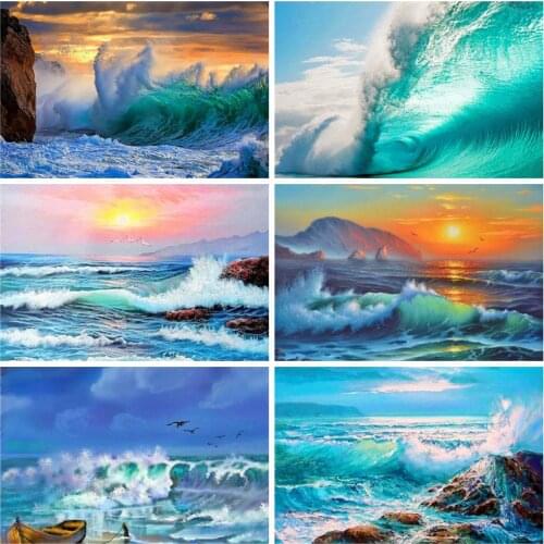 HUACAN Full Square/Round Diamond Painting Wave Sea Pictures Of Rhinestones 5D Diamond Embroidery Sale Landscape Mosaic Craft Kit