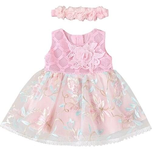 Baby Girl Summer Sleeveless Dress and Headband Fashion Embroidered Mesh Yarn A-line Princess Dress